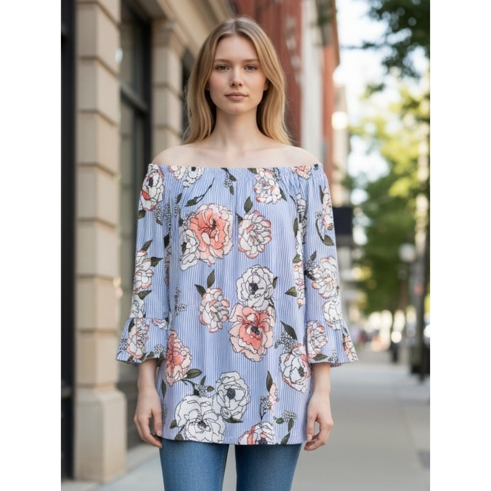 Kristin Nicole Sz XL Soft Floral Top Blue Scoop Neck Bell Sleeve BOHO Blouse
